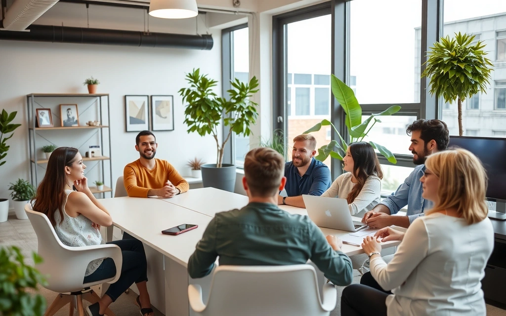 A bright, modern office space with a group of diverse employees engaged in a lively discussion around a large table, laughing and sharing ideas. The environment is open and collaborative, with plants and natural light. No text or symbols.