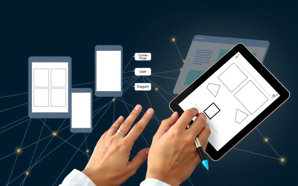 A conceptual image illustrating the UI/UX design process, showing a hand sketching wireframes on a tablet, with digital mockups, user flow diagrams, and a web browser interface in the background, all connected by glowing lines. No text or symbols.
