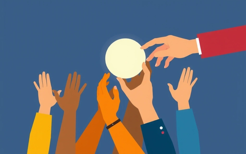 An abstract illustration of diverse hands reaching for a central glowing orb, symbolizing digital accessibility and inclusivity. Various accessibility icons (like a person in a wheelchair, a magnifying glass, a headphone) are subtly integrated. No text or symbols.
