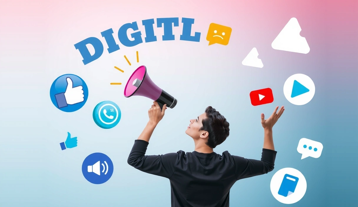 A person holding a megaphone, with speech bubbles and digital icons floating around, symbolizing digital marketing and storytelling.