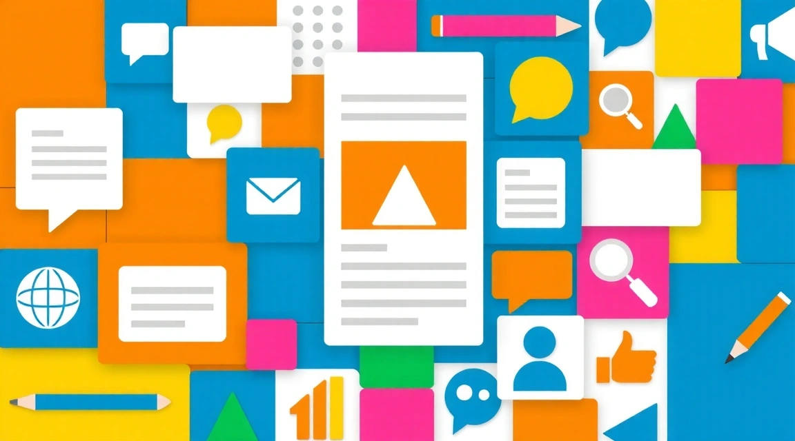 A collection of diverse blog post icons and symbols arranged in a creative mosaic, representing a blog page.