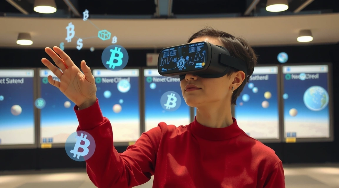 A person interacting with a metaverse environment through VR glasses, surrounded by digital assets and blockchain elements.