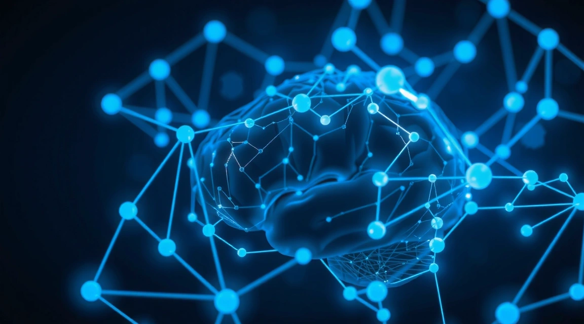 Abstract representation of AI and machine learning with glowing neural networks and data points.