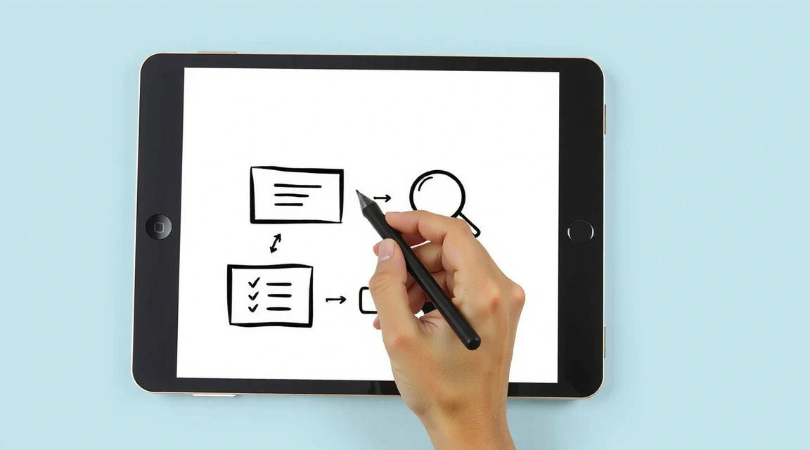 A user interface design sketch on a tablet, with a hand holding a stylus, illustrating the process of creating intuitive and engaging user experiences.