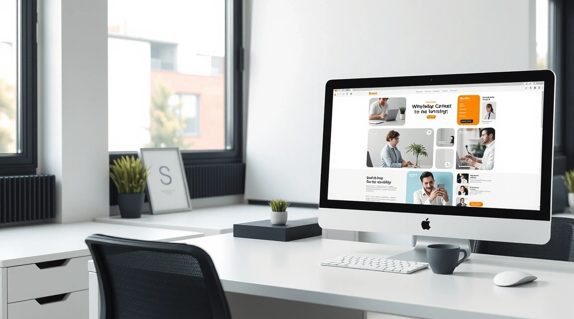 A modern, clean office space with a computer screen displaying web design elements, representing creativity and digital work.