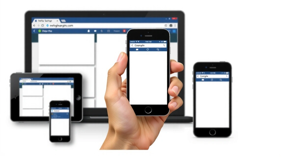 A person holding a smartphone displaying a responsive website, surrounded by various digital devices, emphasizing mobile-first web design.