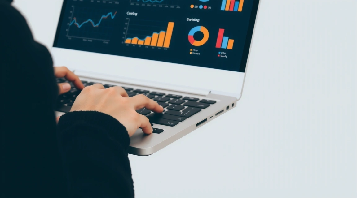 A person's hands typing on a laptop keyboard, with various data charts and graphs visible on the screen, symbolizing SEO analysis and content strategy.
