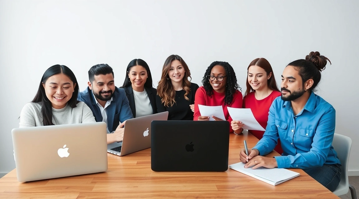 A team of diverse professionals collaborating around a table with laptops and documents, representing company news and team achievements.