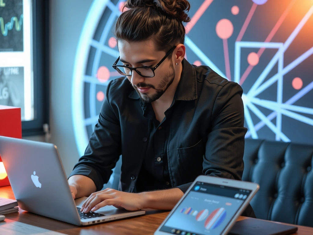 A person working on a laptop with creative graphics around them, symbolizing digital design and communication.