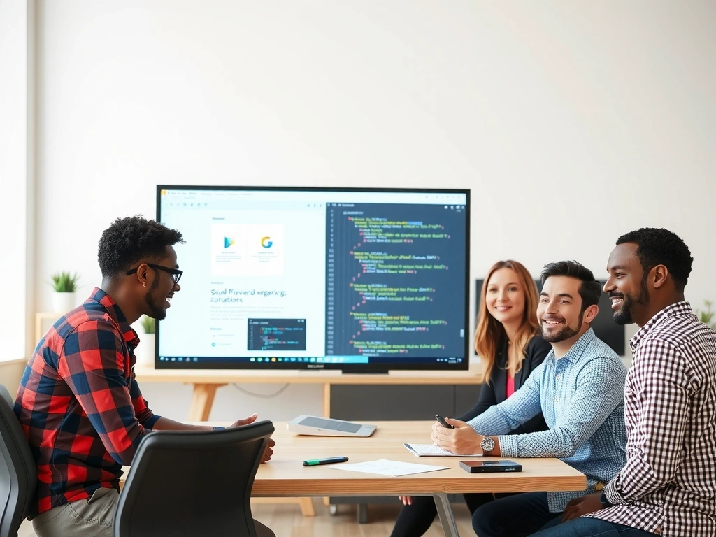 A team of professional designers and developers collaborating on a digital project, showcasing teamwork and creativity.