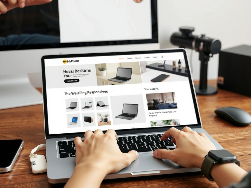 A laptop displaying a vibrant website design, with hands typing on the keyboard, symbolizing digital creation and precision.