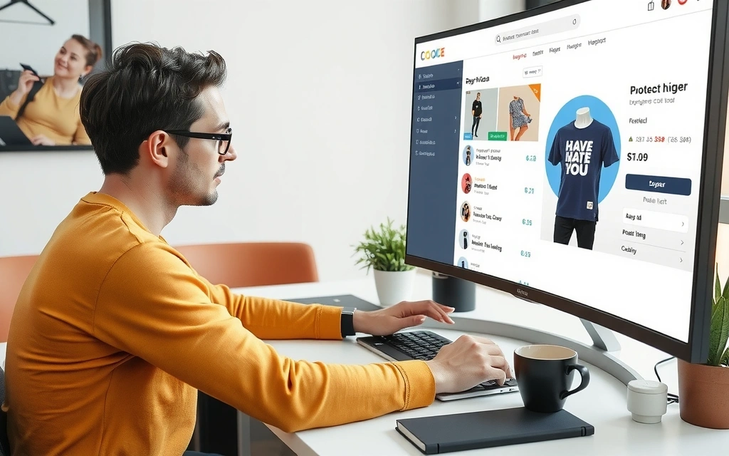 Designer working on a digital prototype of an e-commerce website on a large monitor, surrounded by design tools and sketches.