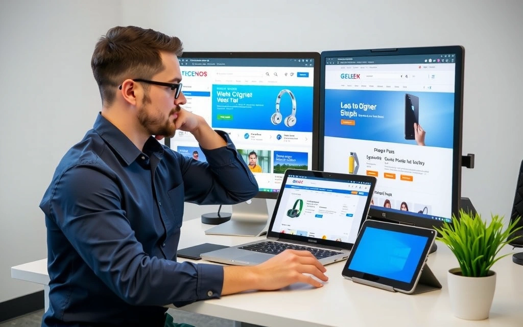 Quality assurance engineer performing testing on an e-commerce website across various devices, highlighting cross-browser compatibility and responsiveness.