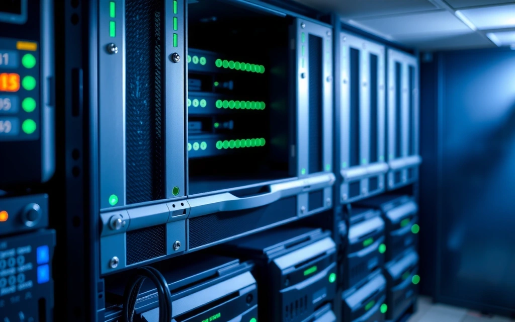 Server racks in a data center with glowing lights, symbolizing successful deployment and robust infrastructure.