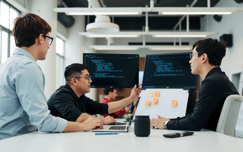 Software developers collaborating intensely on code in a modern open-plan office setting, multiple screens displaying code.