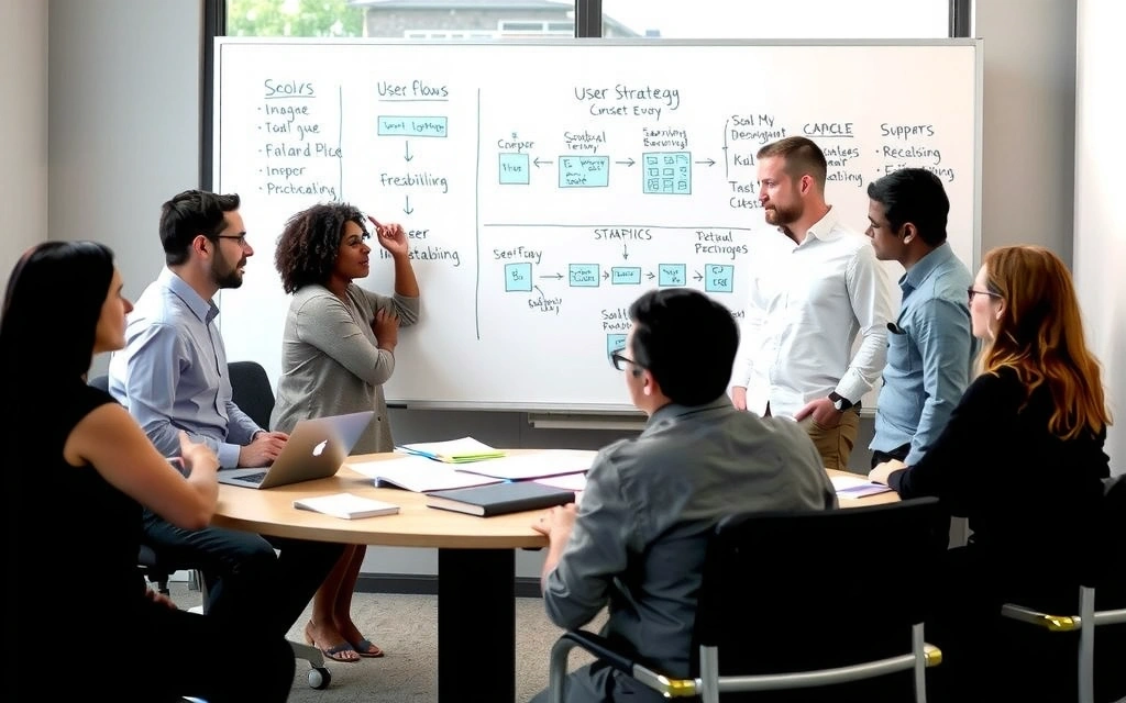 Team collaborating on a project strategy, brainstorming ideas around a whiteboard with diagrams and notes.
