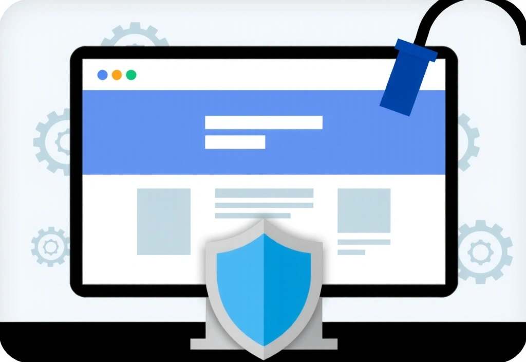 A shield icon protecting a website interface, symbolizing website security and maintenance.