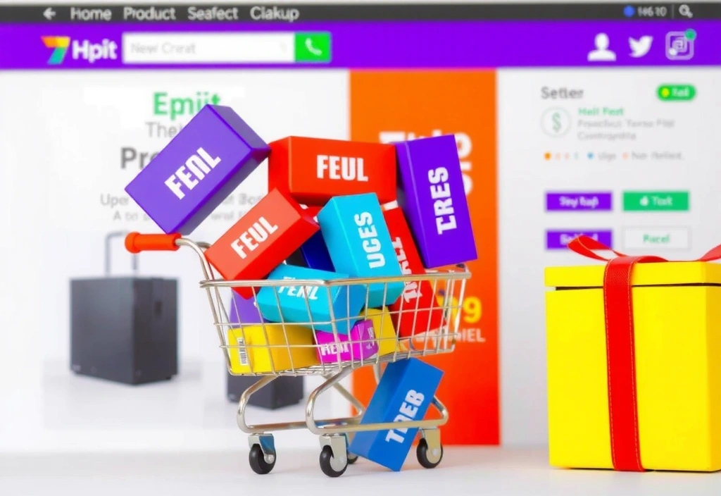 A stylized shopping cart icon with various product boxes, representing an online store.