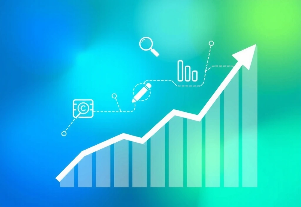 Upward trending graphs and charts overlaid with magnifying glass and social media icons, representing digital marketing success.
