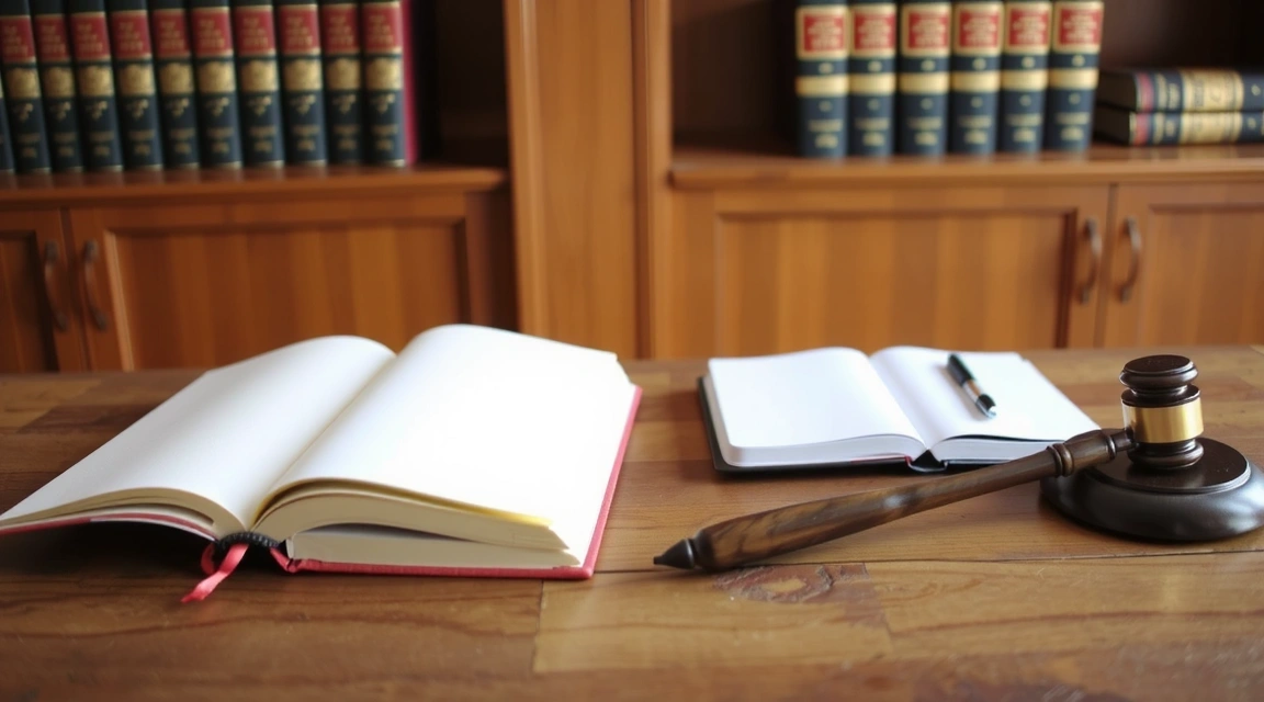 A gavel and legal books on a wooden desk, symbolizing law and justice.